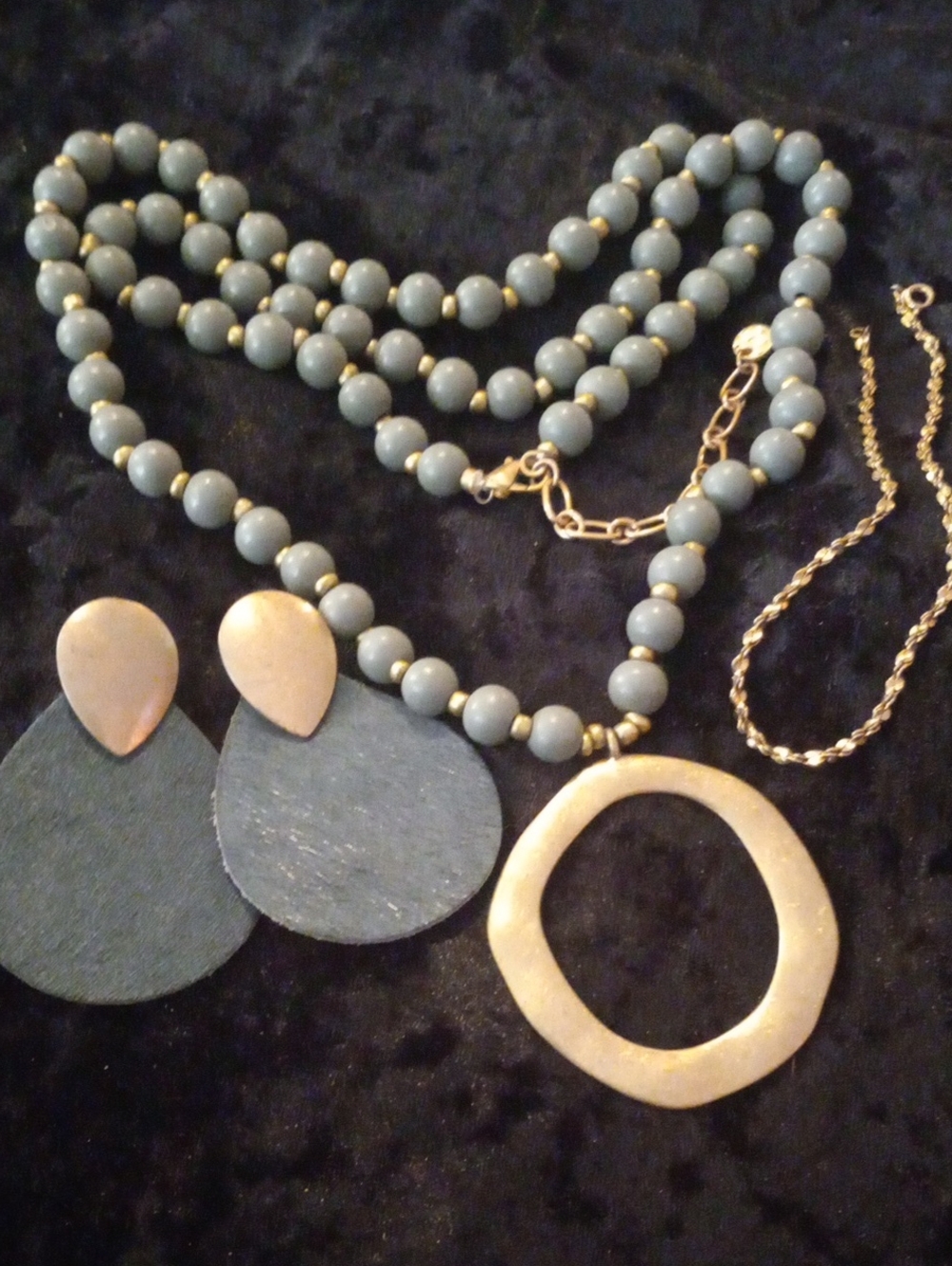 Macy's Slate Blue Beaded Necklace with Gold Pendant and Matching Earrings